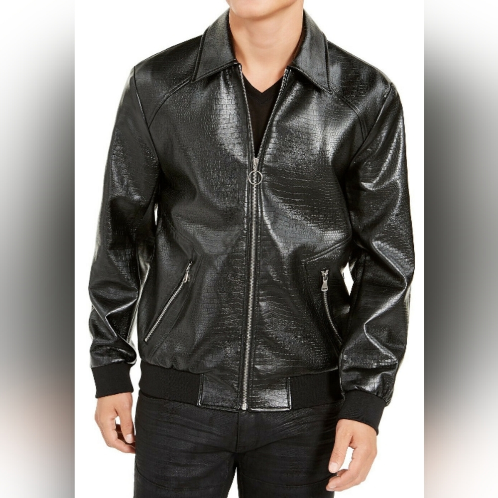 International Concepts Coach Black Faux Croco Leather Zip Up Men's Jacket MEDIUM